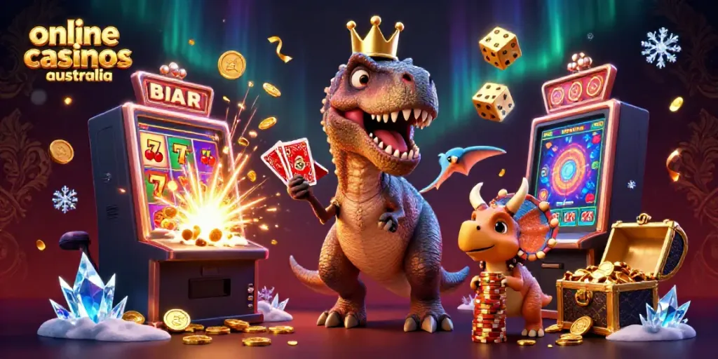 Interact with 3D friendly dinosaurs and a vibrant slot machine in this illustration of online casinos Australia.
