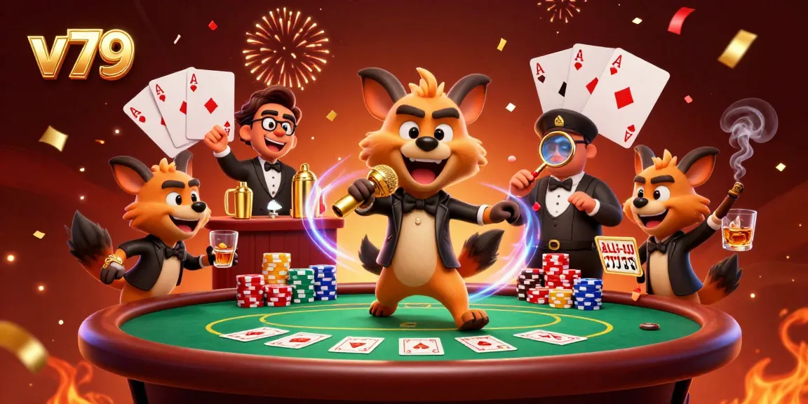 Experience the vibrant energy of V 79 casino with hyenas in a lively scene featuring poker elements.