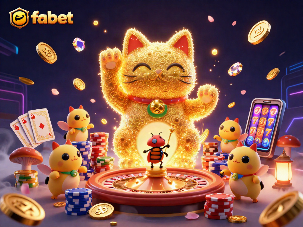 Engage with fabet's vibrant casino universe featuring a lucky cat and casino symbols in an enchanting 3D scene.
