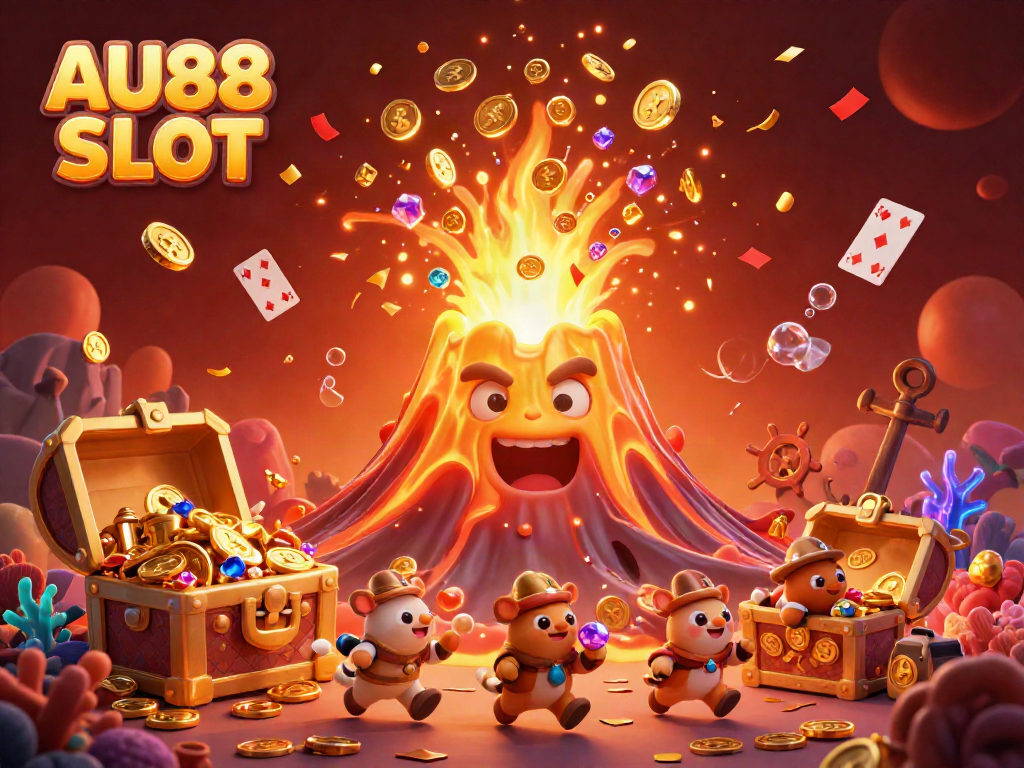 Transform your spins into treasures at AU88 SLOT, adorned by a golden volcano bursting with coins and playful animals.