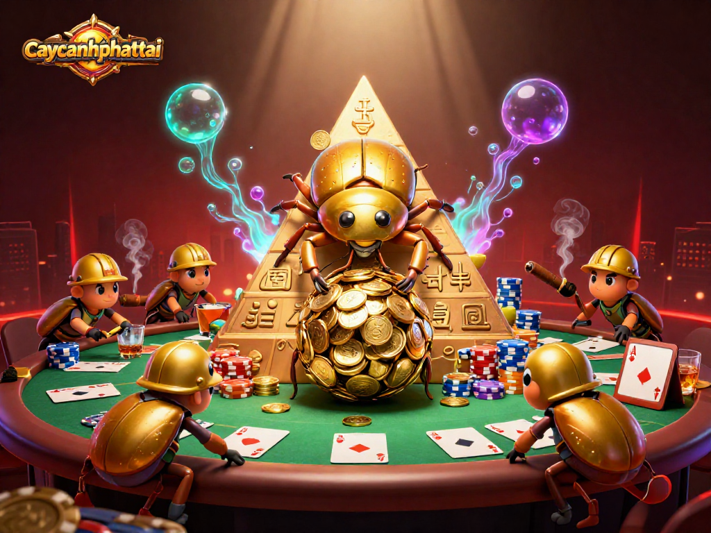 Experience the excitement of caycanhphattai while watching a golden beetle roll coins in a vibrant casino scene.