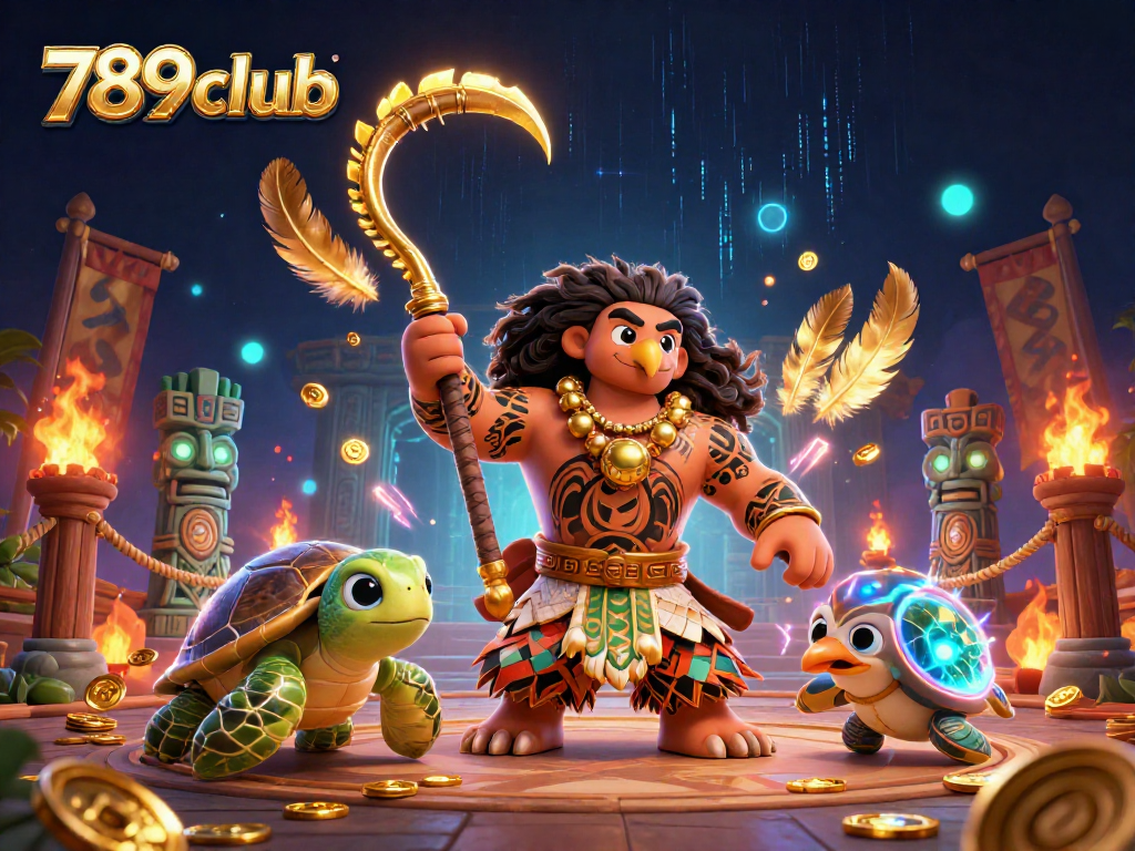 Engage in exciting games with 789club, featuring a demigod symbolizing fortune in a lively casino scene.