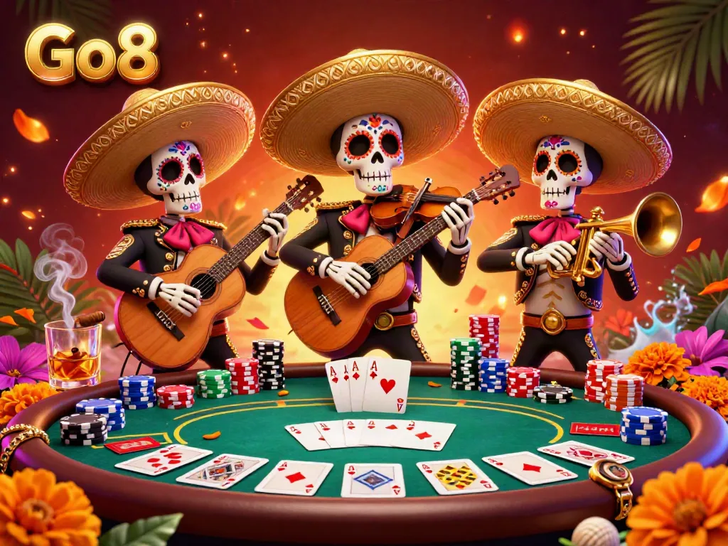 Go8 skeleton mariachi band adds excitement to poker night with vibrant casino elements.