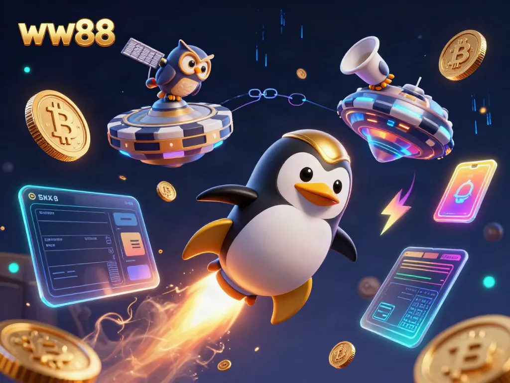 Spin the reels at WW88, where a golden penguin takes flight in a vibrant casino space adventure.