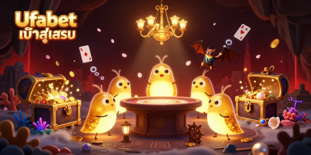 Engaging scene of Ufabet เข้าสู่ระบบ in a cave casino, featuring glowworms and a bat dealer.