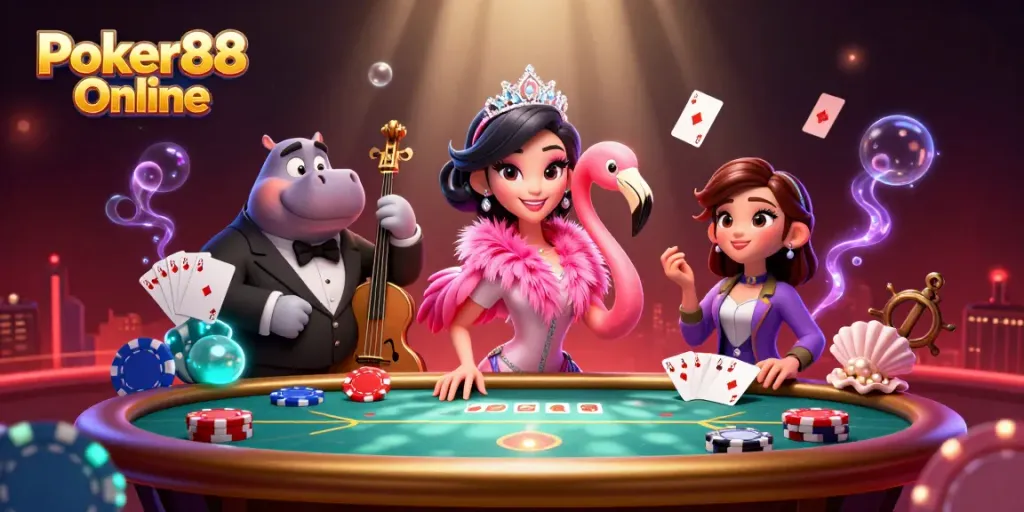 Play poker online at Poker88 Online with vibrant scenes of fun and excitement