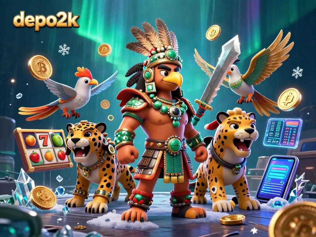 Engage in thrilling gameplay at depo2k with vibrant slot reels and warriors showcasing jackpots.