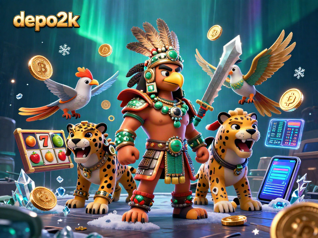 Engage in thrilling gameplay at depo2k with vibrant slot reels and warriors showcasing jackpots.