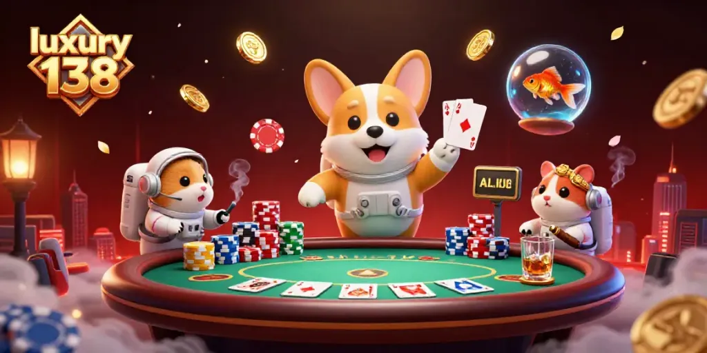 Experience luxury 138 as a cartoon corgi dreams of riches in a vibrant casino scene.