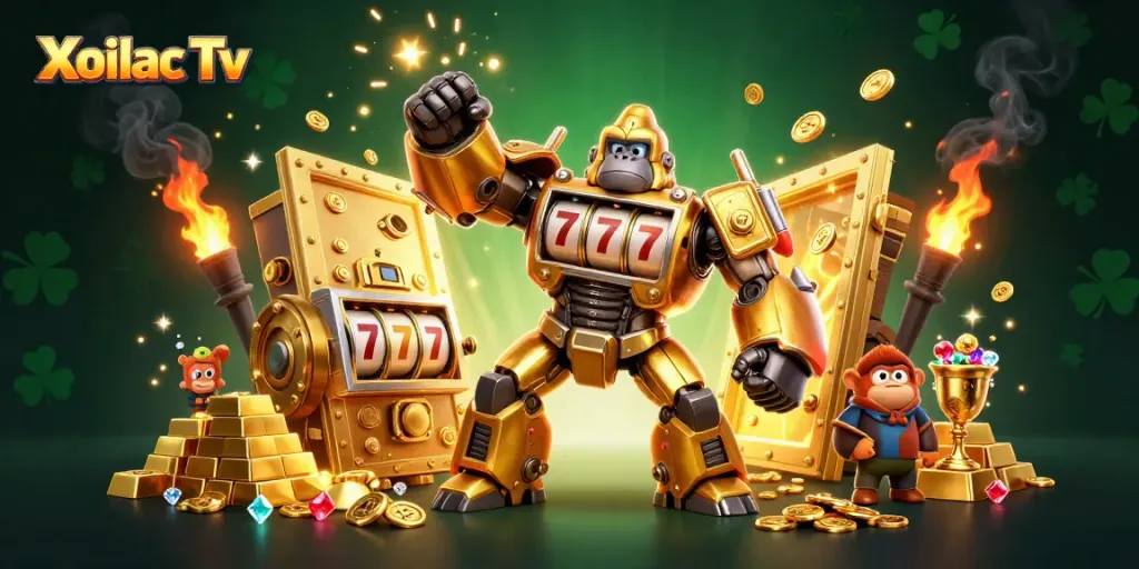 Experience thrilling action with Xoilac Tv in this vibrant 3D casino-themed scene.