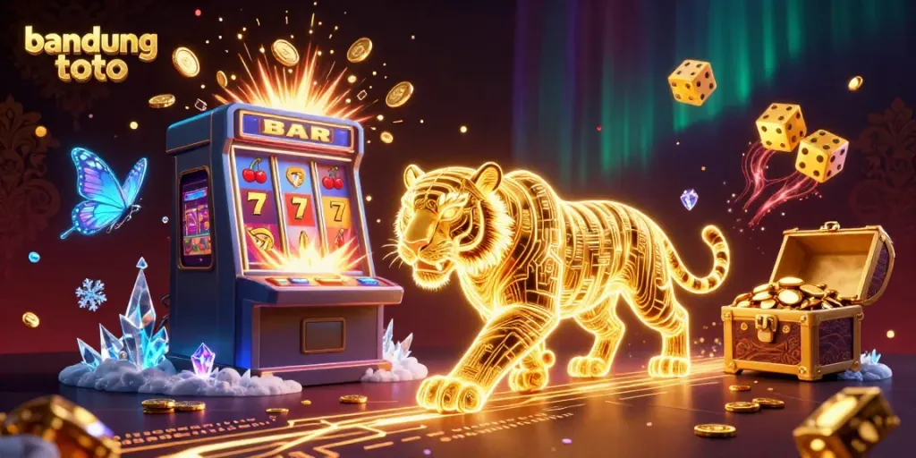Engage with bandung toto in a vibrant digital casino, featuring a golden tiger and dazzling slot machine.