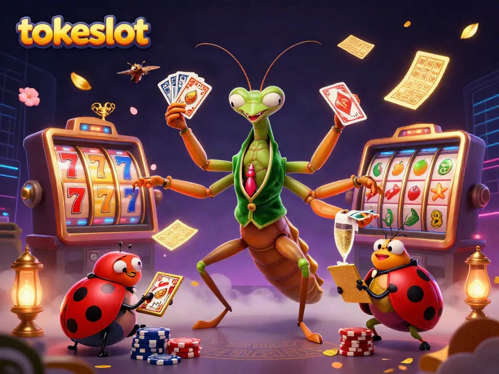 Tokeslot offers exciting slot games with a vibrant, animated scene featuring unique characters and elements.