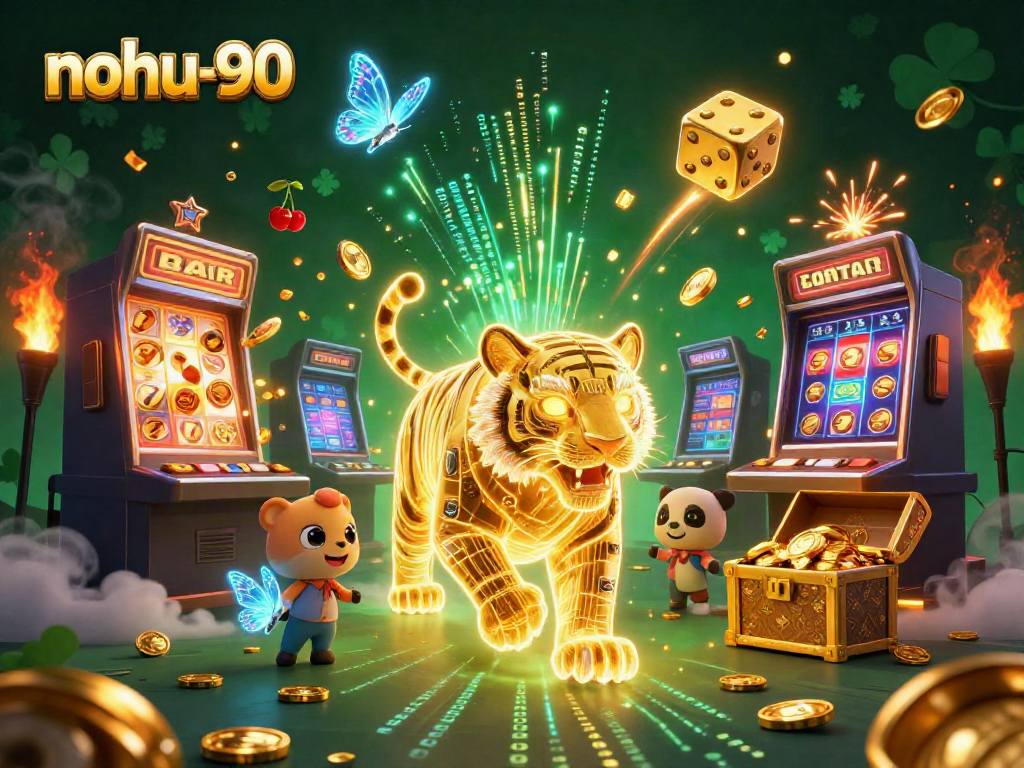 Engage with nohu-90's thrilling casino adventure featuring vibrant slot machines, a golden tiger, and jackpot rewards.