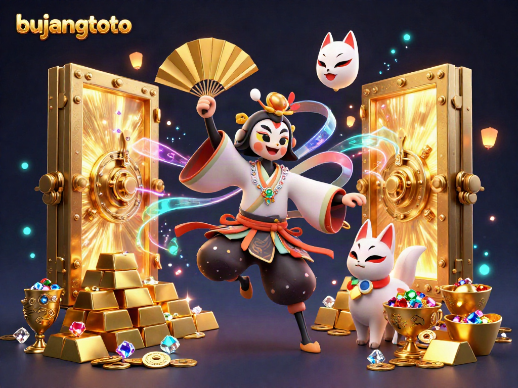 Engage with bujangtoto's vibrant cartoon illustration showcasing kabuki warriors, gold treasures, and mystical elements.