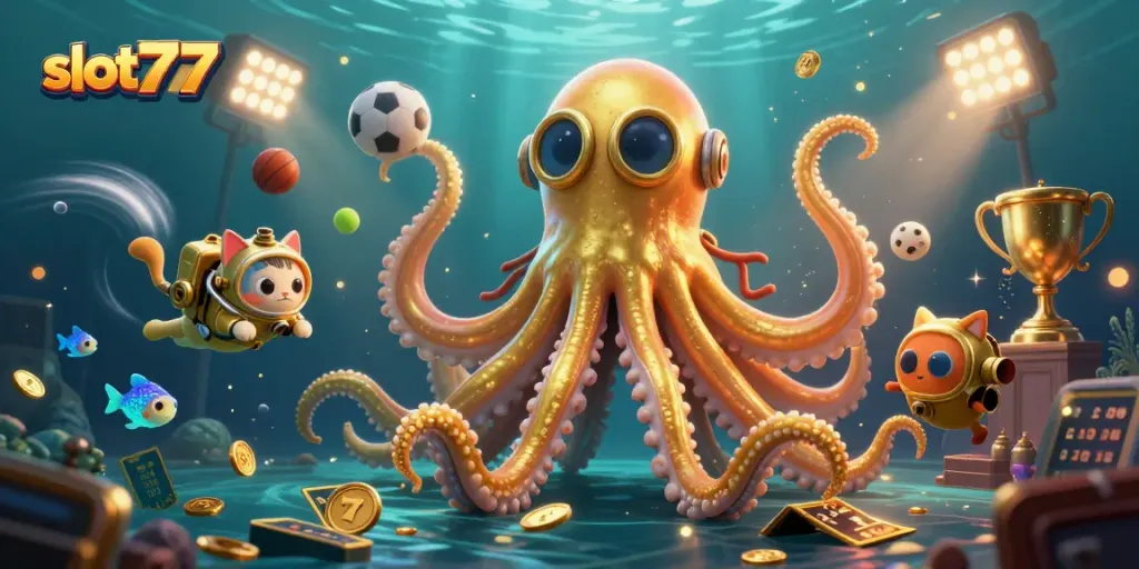 Experience the thrill of slot777 with a vivid underwater scene featuring a kraken and casino elements.
