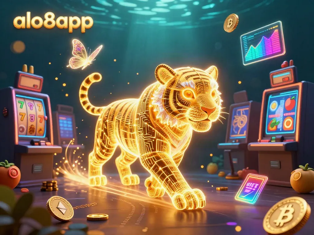 Engage in the excitement of alo8app with a 3D neon golden tiger and dynamic casino elements.