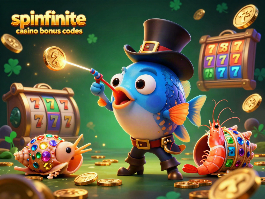 Spinfinite casino bonus codes displayed with a fun underwater scene featuring a glowing anglerfish and a treasure snail.