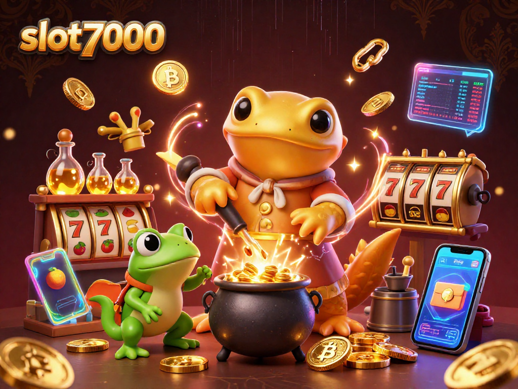 Bermain slot7000 dengan gamer beruntung dan simbol jackpot di dunia kasino digital.
