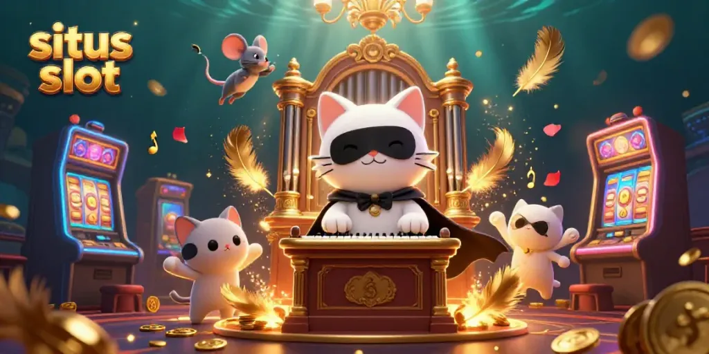 Melihat karakter situs slot dalam ilustrasi 3D luar biasa dengan kucing bertopeng dan perpaduan slot mesin yang dinamis.