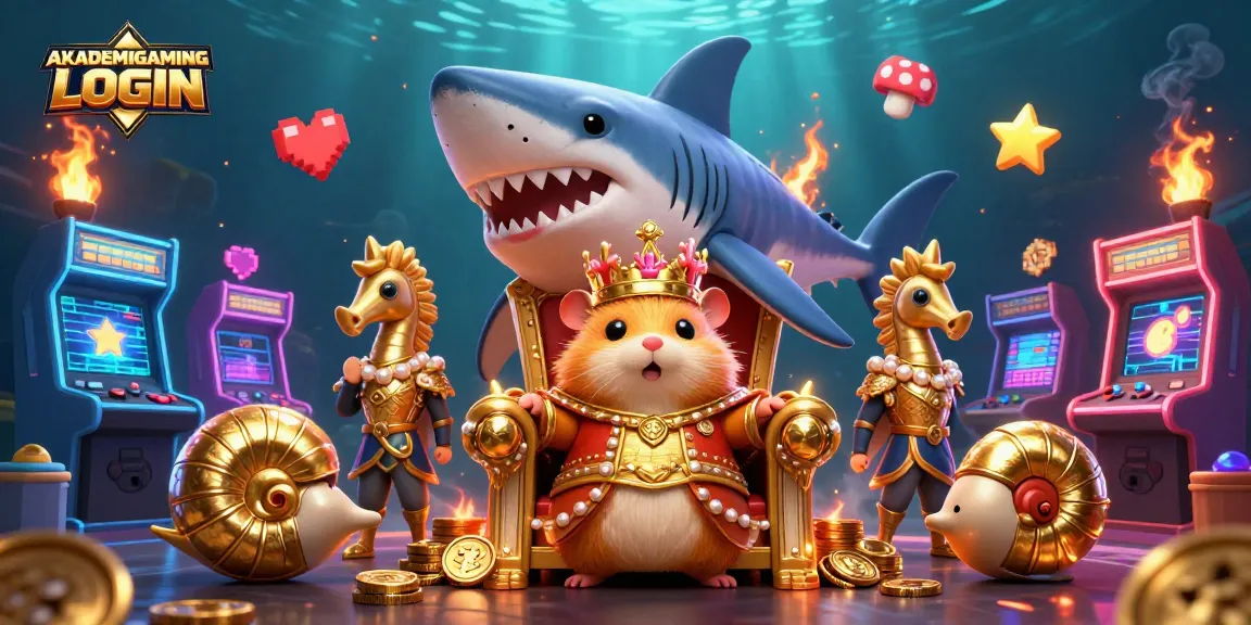 Engage with AKADEMIGAMING LOGIN featuring dynamic 3D casino elements around a golden hamster king.