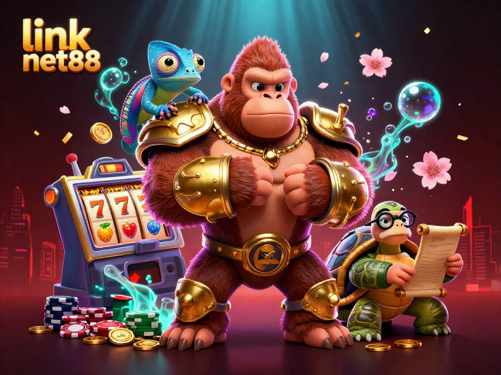 Experience the excitement of link net88 with a powerful gorilla king, chameleon companion, and wise tortoise in a vibrant casino scene.