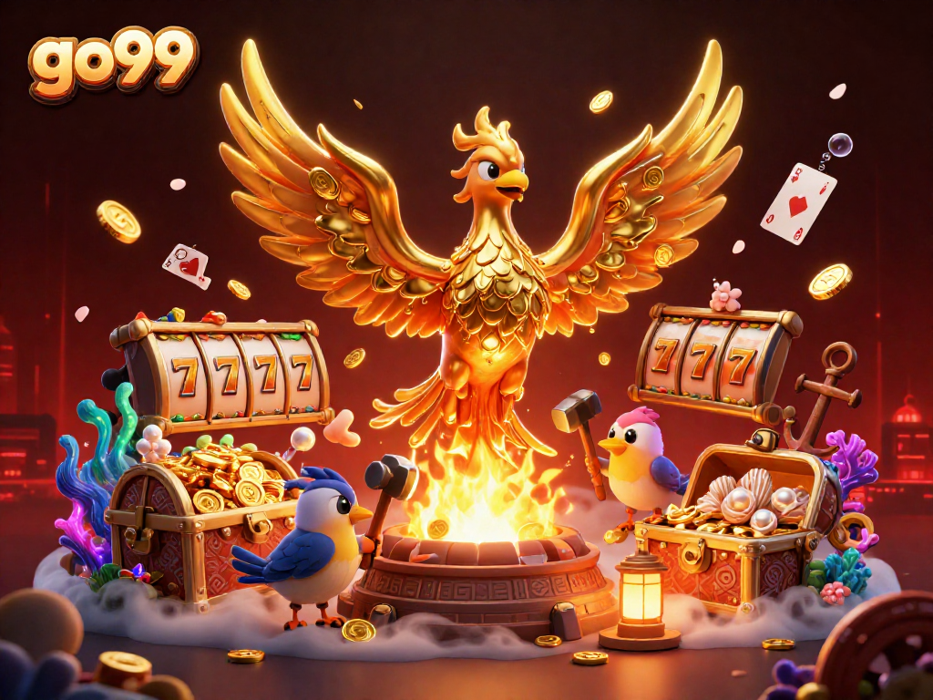 Experience winning moments at go99 with a golden phoenix bringing luck and treasures in this dynamic casino scene.