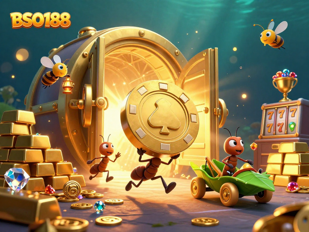 Engage with BSO188 as playful ants transport a giant poker chip in an exciting heist scene.