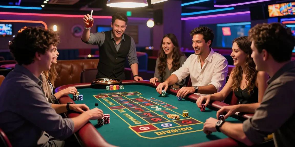Engaged friends enjoying a vibrant gambling night focused on harga toto bets.