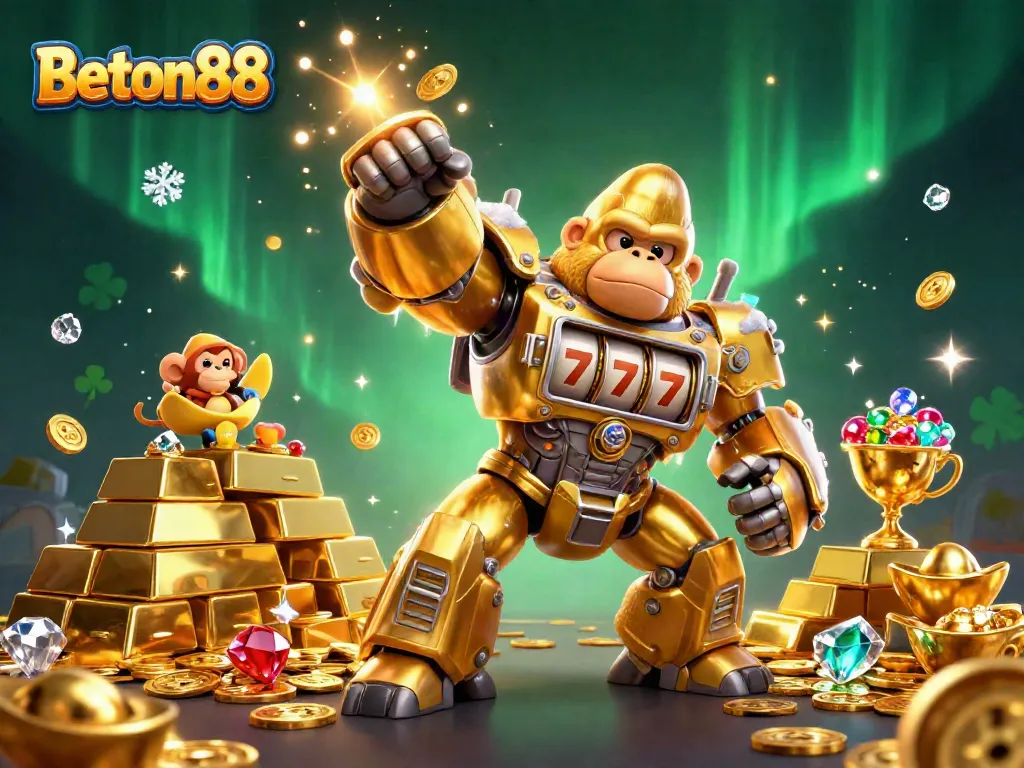 Permainan slot Beton88 dengan gorila emas 3D dan reaksi luar biasa saat meraih kemenangan.