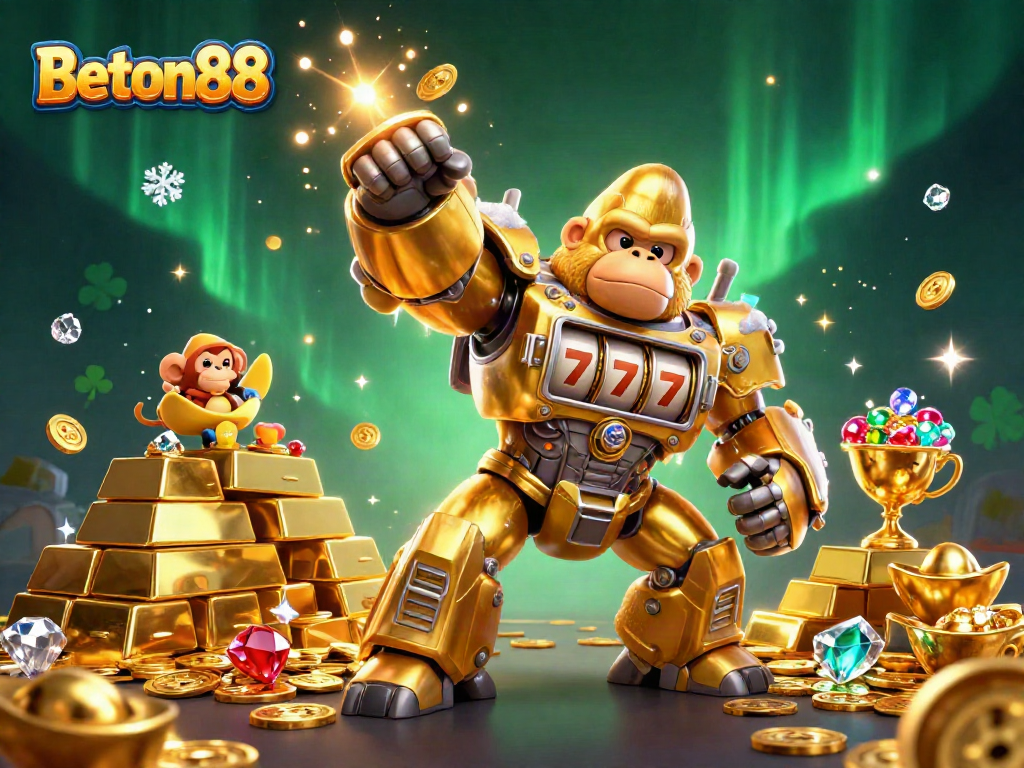 Permainan slot Beton88 dengan gorila emas 3D dan reaksi luar biasa saat meraih kemenangan.