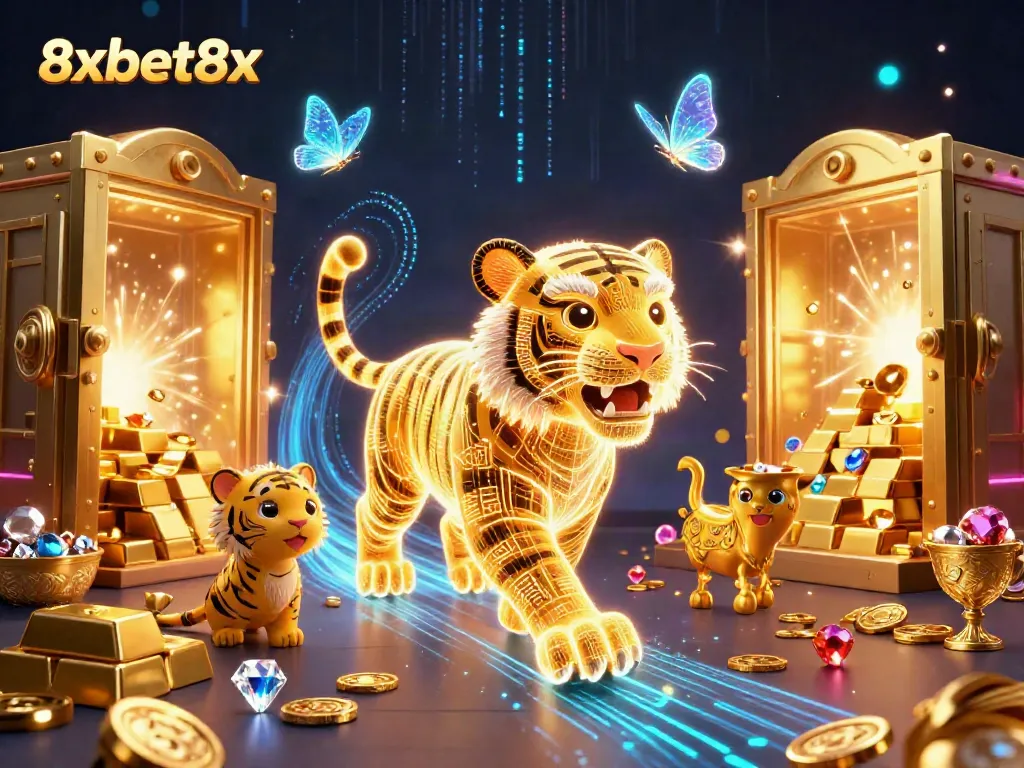 Experience thrilling wins at 8xbet8x with a neon-wireframe golden tiger exploring a bustling digital casino.