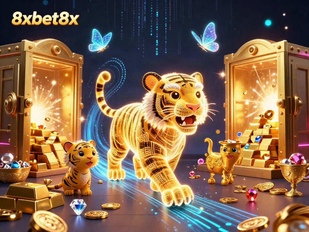 Experience thrilling wins at 8xbet8x with a neon-wireframe golden tiger exploring a bustling digital casino.
