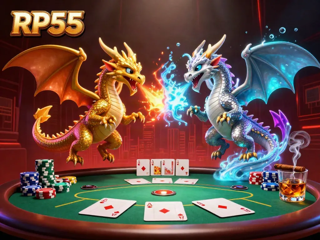 Engage in poker action with RP55, featuring two colorful dragons intertwined, creating an exciting casino atmosphere.