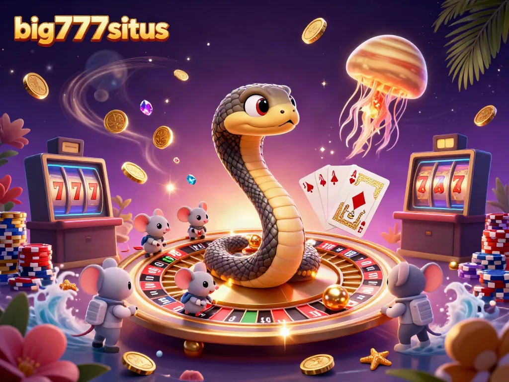 Engage with big777situs as astronaut mice bet around a cosmic roulette wheel in a vibrant casino scene.