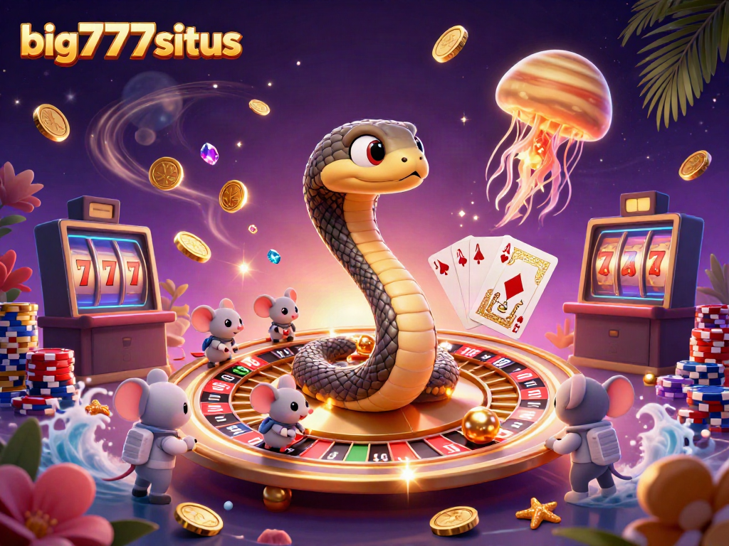 Engage with big777situs as astronaut mice bet around a cosmic roulette wheel in a vibrant casino scene.