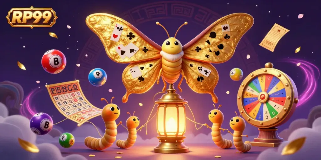 RP99 showcases winning lottery balls, spinning prize wheels, and a magical moth symbolizing casino excitement.
