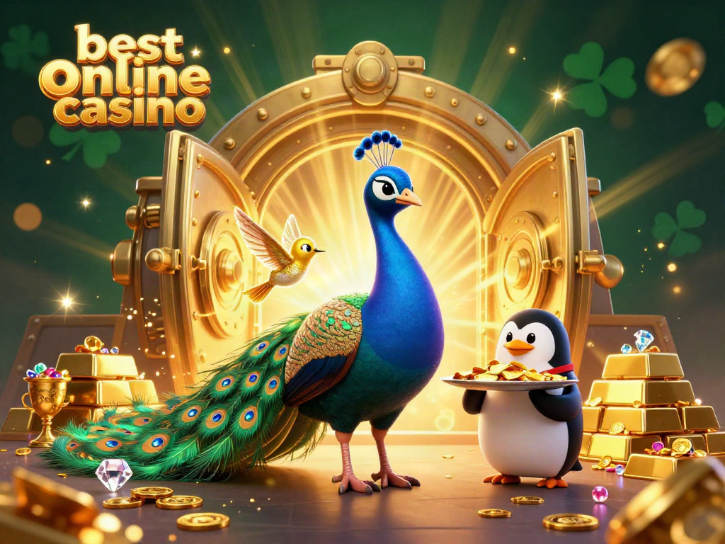 Experience the best online casino in a vibrant 3D scene with an aristocratic peacock, a butler penguin, and treasures bursting with excitement.