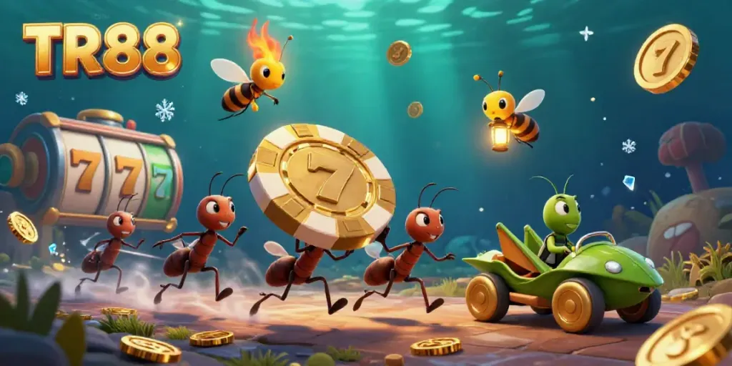 Ants heist scene featuring TR88 golden poker chip in a vibrant casino adventure.