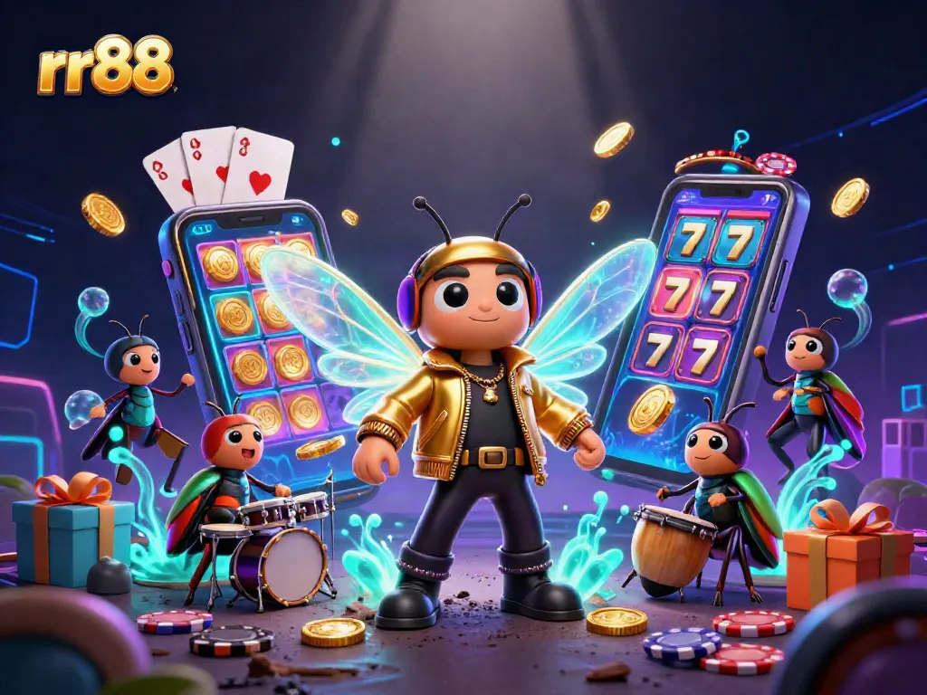 Experience thrilling gaming with rr88's vibrant 3D casino illustration featuring a cicada rock star and dynamic game elements.