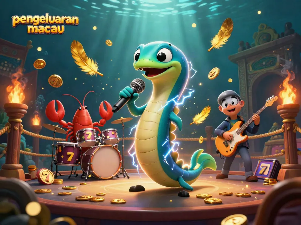 Engage with pengeluaran macau in an underwater casino scene featuring a DJ electric eel and vibrant slot elements.