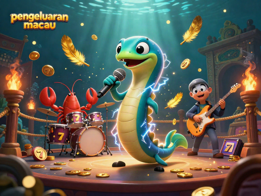 Engage with pengeluaran macau in an underwater casino scene featuring a DJ electric eel and vibrant slot elements.
