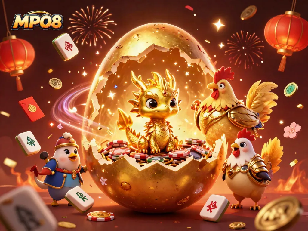 MPO08 showcases a golden dragon amidst poker chips, symbolizing winning strategies in online gaming.
