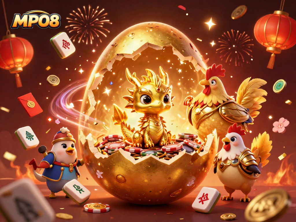 MPO08 showcases a golden dragon amidst poker chips, symbolizing winning strategies in online gaming.