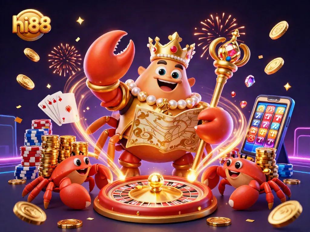 Experience hi88 thrilling games with a majestic golden crab emperor in a lively casino scene.