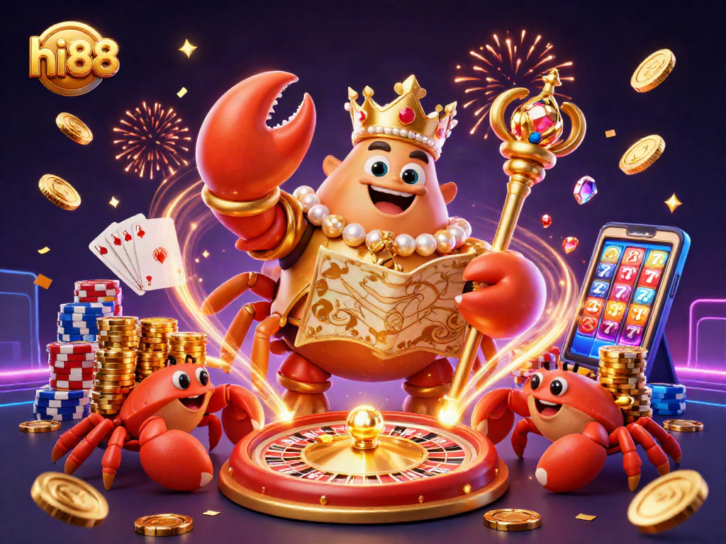 Experience hi88 thrilling games with a majestic golden crab emperor in a lively casino scene.
