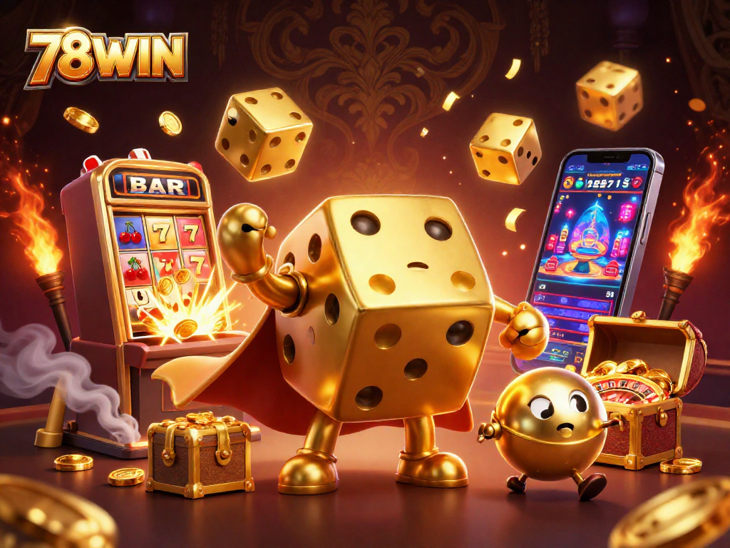 Engage with thrilling games at 78WIN with dynamic elements like golden dice and slot machines.