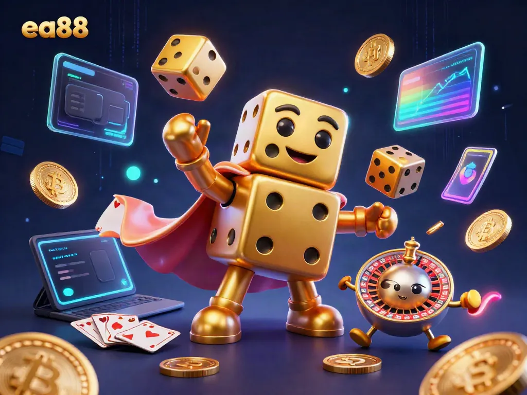Experience the thrill of ea88 with a vibrant gaming scene featuring a golden dice golem and neon coins.