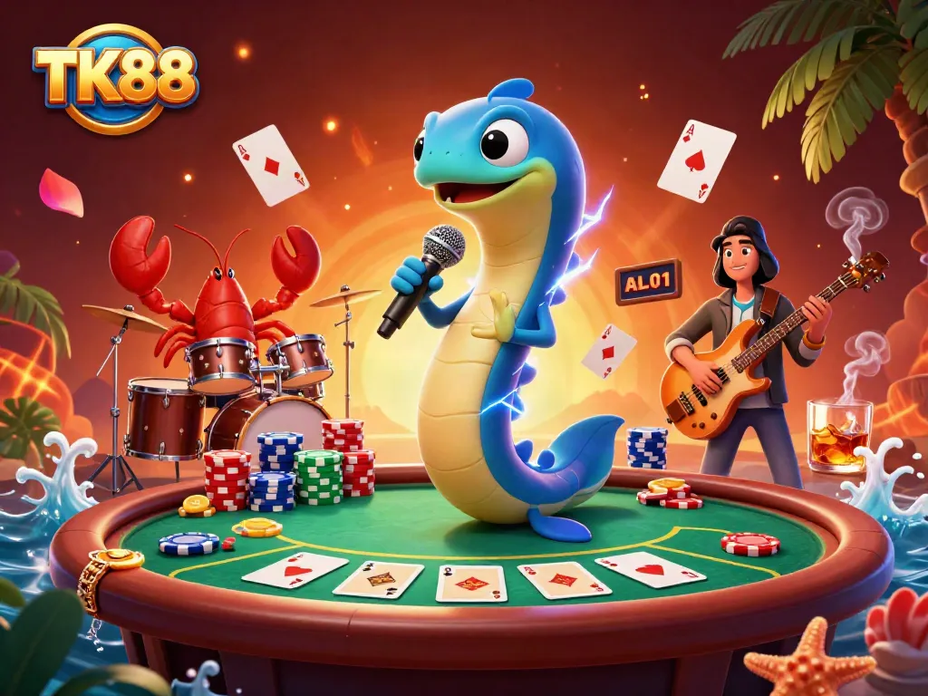 Experience exciting poker action with TK88 at an underwater casino with vibrant characters!