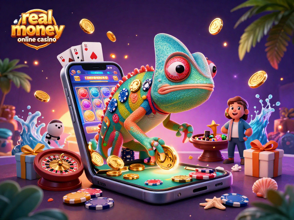 Experience the thrill of a real money online casino with vibrant gaming elements and a colorful chameleon owner.