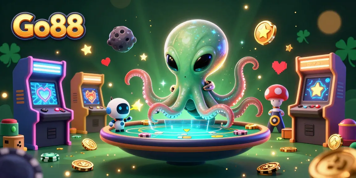 Go88 alien octopus at a holographic poker table surrounded by vibrant gaming elements.